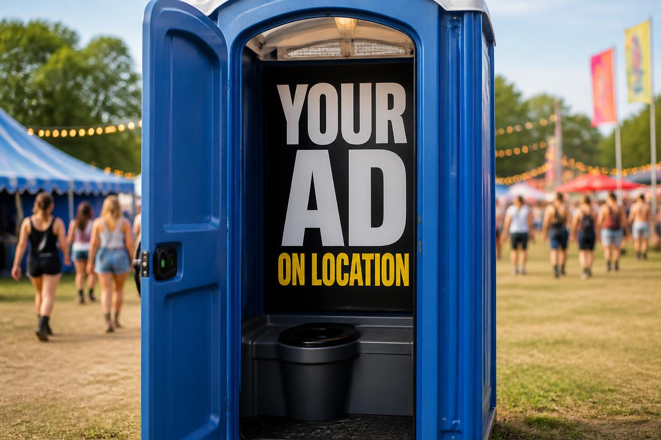 A BitBoard ad inside a portable sanitation unit at a busy outdoor festival, surrounded by crowds and event tents.